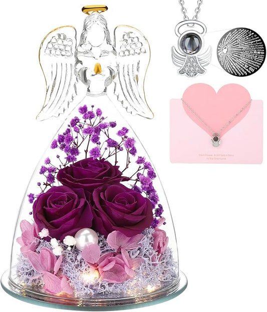 Mothers Day Flower Gifts for Mom,Angel Rose Gifts for Women,Glass Angel Figurine with Preserved Three Purple Roses,Forever Flowers Mothers Day Birthday Gifts for Women Mom Grandma Wife Her