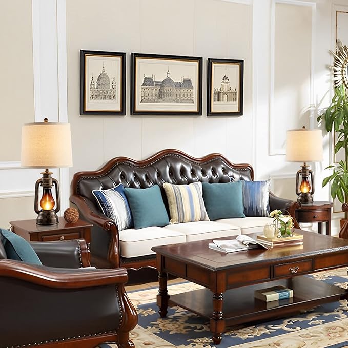 Farmhouse Rustic Table Lamps for Bedroom Set of 2, Vintage Lantern Lamp with Dual USB Charging Ports,25" Retro Antique Bedside Nightstand Desk Lamp for Living Room End Table Entryway, 4 Bulb Included