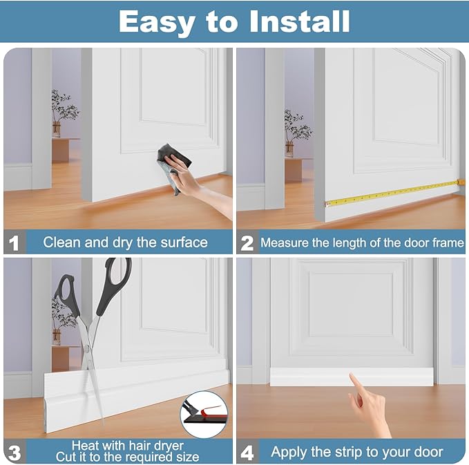 Door Draft Stopper, Adjustable Door Sweep for Bottom of Door, Under Door Gap Filler for Exterior & Interior Doors, Door Weather Stripping Blocks Noise and Cold Air (78Inch, White)