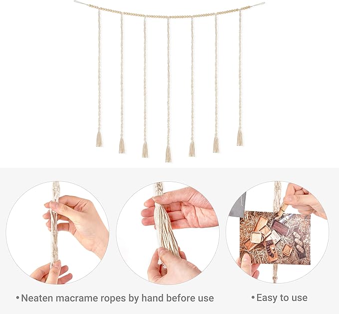 Mkono Macrame Hanging Photo Display Wall Decor with String Lights, Boho Wooden Beads Garland Collage Picture Card Frame Holder with 45 Clips for Bedroom Living Room Dorm, Teen Girls Christmas Gifts
