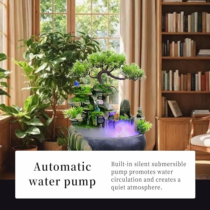 Tabletop Bonsai Tree Fountain with LED Lights, Rock Waterfall and Fog Mist(Free 10 PCS Crystals)