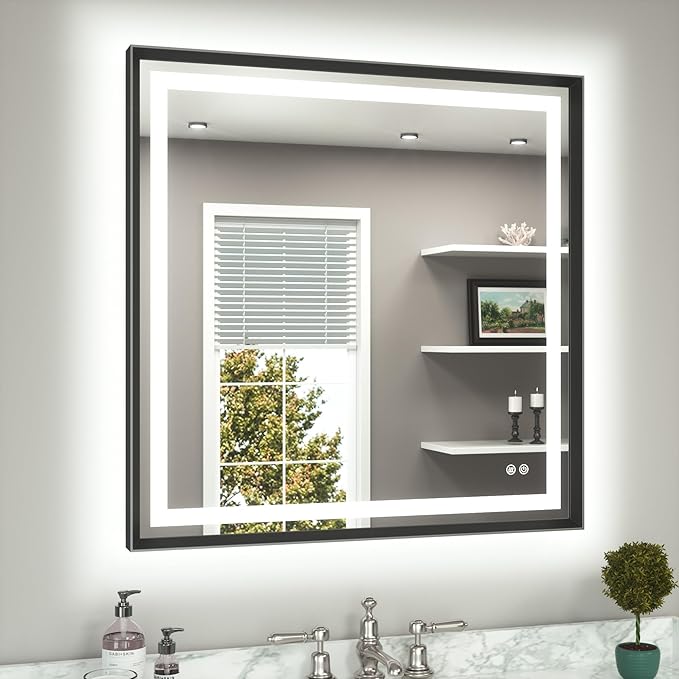 TETOTE Led Bathroom Mirror 36 x 36 with Brushed Black Frame Anti-Fog Frontlit & Backlit Vanity Mirror Stepless Dimmable Lighted Mirrors for Bathroom Wall 3 Colors White/Warm/Natural Wall-Mounted