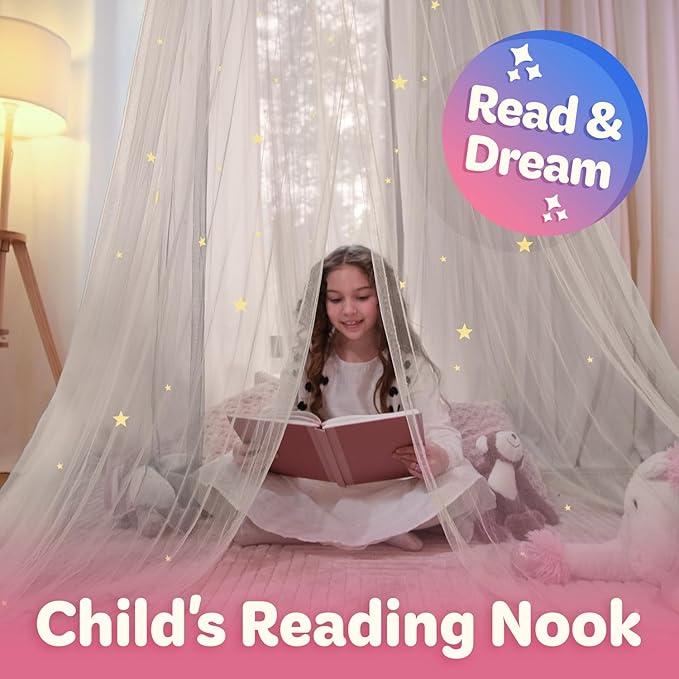 Bollepo Bed Canopy for Girls Bed with Glowing Stars - Princess Room Decor, Ceiling Net to Cover Toddler | Full, Twin Size Kids Bed, Fire Retardant Fabric (White - Stars)