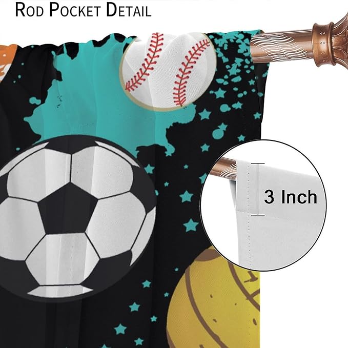 JESTRONRY Sport Window Curtains,Abstract Basketball Football Soccer Rugby Baseball Sports Theme Home Fabric Living Room Kids Boys Girls Teens Bedroom Home Decor Blackout Drapes W72xL63in