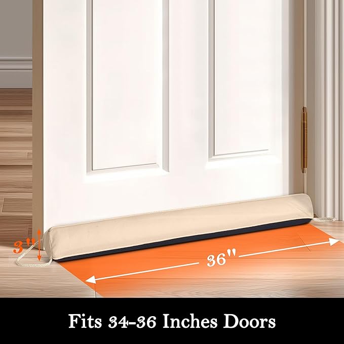Sunolga 36" Door Draft Stopper Blocks Hot Cold Air with Removable Washable Cover for Gaps Up to 3", All-Season Noise and Wind Seal for The Bottom of Door and Window, Beige