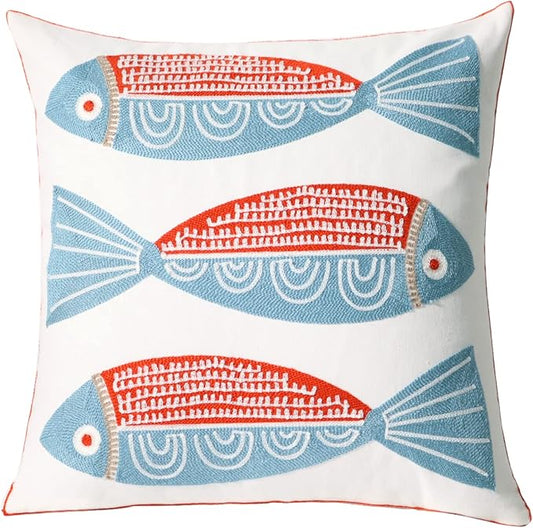 1 PCS Embroidered Throw Pillow Cover Cotton Decorative Square Cushion Cases for Home Sofa Bed and Chair 18 x 18 Inch (Red Fish)