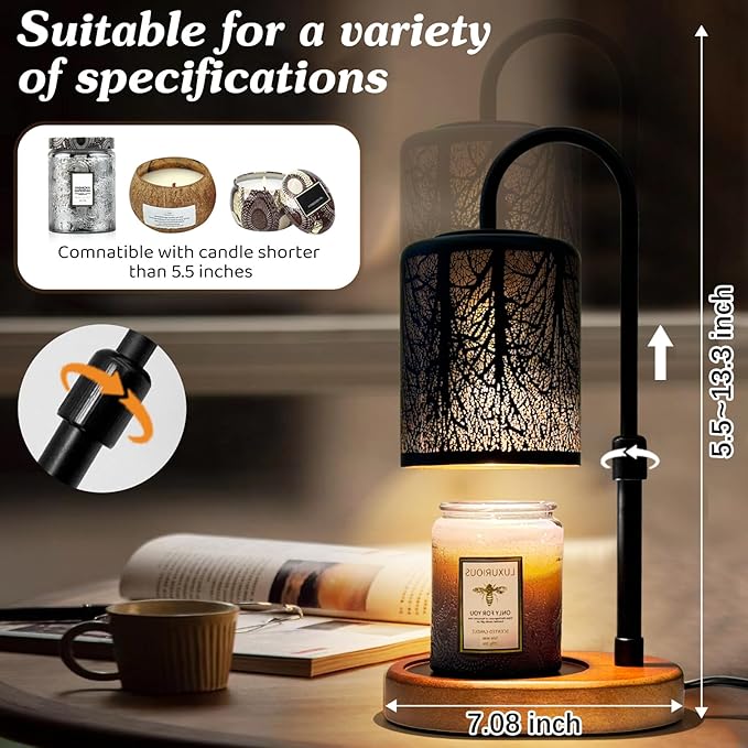 Candles Warmer with Timer and Dimmer, Adjustable Height Candle Melter, Electric Wax Warmer Vintage Home Decor for Jar Candles,2 Bulbs，Black