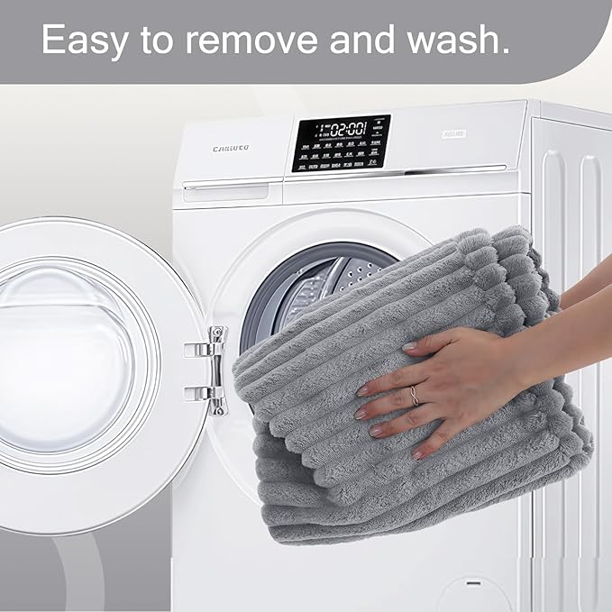 MeMoreCool Square Stuffed Pouf Ottoman Foot Rest, Stripe Furry Floor Pouf Foot Stool with Foam Chunk Filling, Soft Fluffy Stuffed Ottoman Footrest for Living Room, Faux Fur Grey