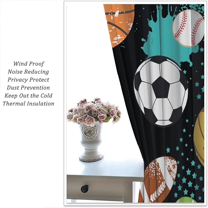 JESTRONRY Sport Window Curtains,Abstract Basketball Football Soccer Rugby Baseball Sports Theme Home Fabric Living Room Kids Boys Girls Teens Bedroom Home Decor Blackout Drapes W55xL63in