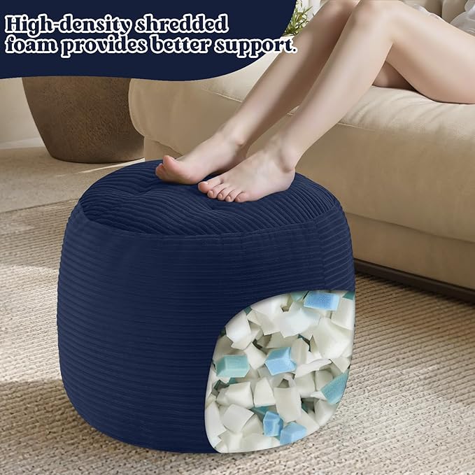 MeMoreCool Stuffed Round Pouf Ottoman Foot Rest, Floor Pouf Foot Stool with Soft Foam Chunk Filling, Round Small Ottoman Footstool Circle Footrest for Couch Living Room, Corduroy Navy