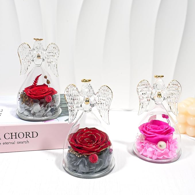 Yamonic Birthday Gifts for Mom,Christmas Angel Figurines with Real Rose Gifts for Her Mom Grandma,Preserved Flowers Rose Glass Angel Figurine for Mothers Day Christmas Birthday Gifts for Her(Hotpink)