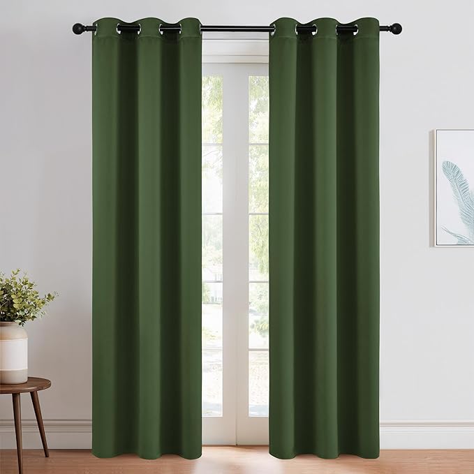 NICETOWN Dark Green Blackout Cafe Satin Curtains for Small Windows, 42" Wide by 84" Long, 2 Panels, Grommet Noise Reducing Faux Silk Blackout Drapes for Dining Room