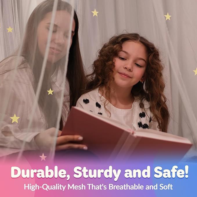 Bollepo Bed Canopy for Girls Bed with Glowing Stars - Princess Room Decor, Ceiling Net to Cover Toddler | Full, Twin Size Kids Bed, Fire Retardant Fabric (White - Stars)
