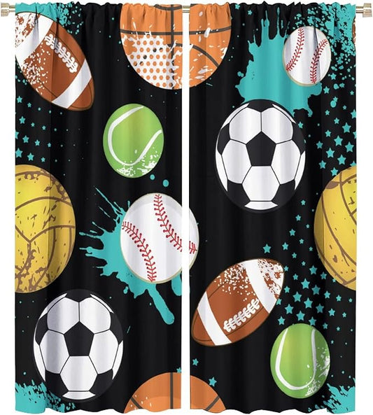 JESTRONRY Sport Window Curtains,Abstract Basketball Football Soccer Rugby Baseball Sports Theme Home Fabric Living Room Kids Boys Girls Teens Bedroom Home Decor Blackout Drapes W42xL54in