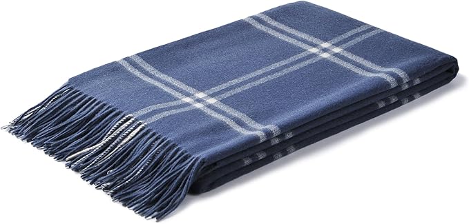 CUDDLE DREAMS Premium Cashmere Throw Blanket with Fringe, Luxuriously Soft (Plaid Blue)