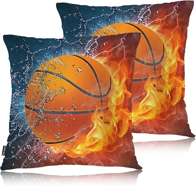 Swono Basketball Pack of 2 Decorative Throw Pillow Covers Cushion Covers, Sport Basketball Ball in Water and Fire Couch Pillow Case Boho Cushion Pillowcase for Bedroom Sofa Living Room 18X18 Inches