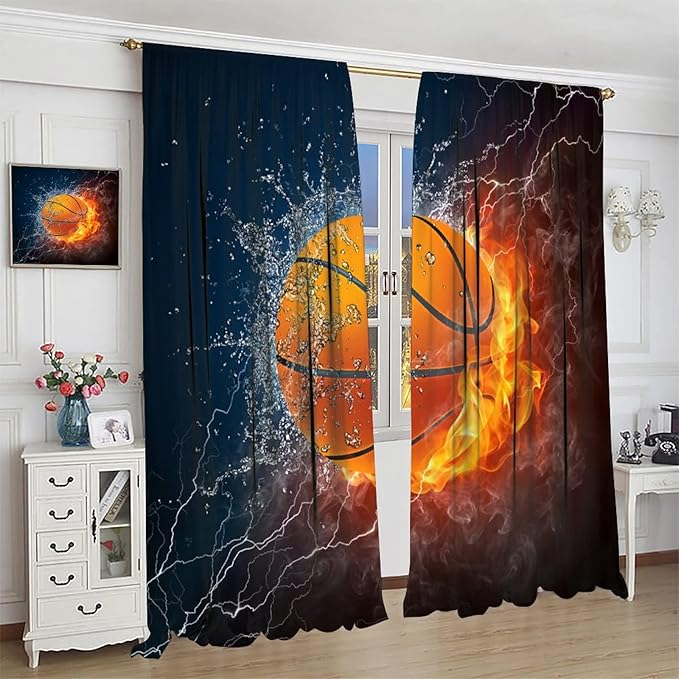 JESTRONRY Boys Basketball Curtains,Kids Sports Theme Fire Ball Water Flame Splashing Room Darkening Door Window Rod Pocket Curtain for Living Room Teen Men Bedroom Decor W42xL45in