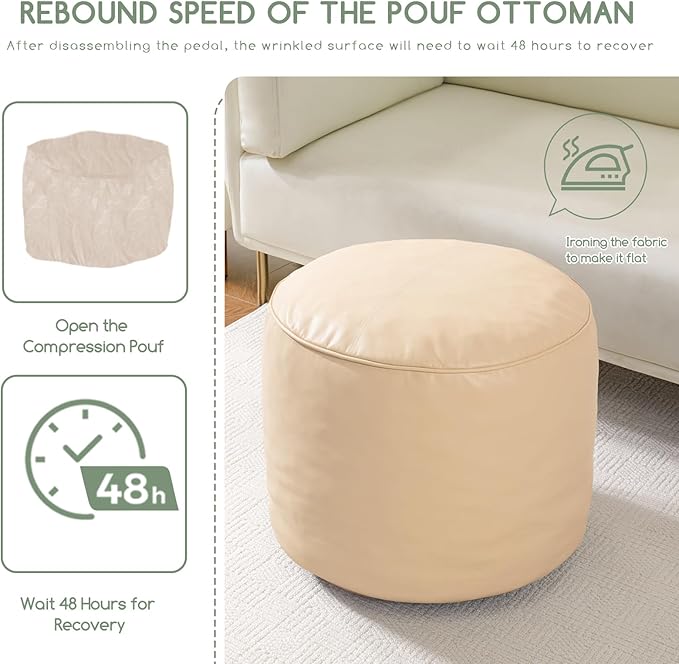 HIGOGOGO Round Stuffed Pouf Ottoman, Pu Leather Poufs with Foam Chunk Filling, Furry and Fluffy Pouf Foot Stool Storage Ottoman, 26 X 18 Floor Poufs Foot Rest for Living Room, Beige