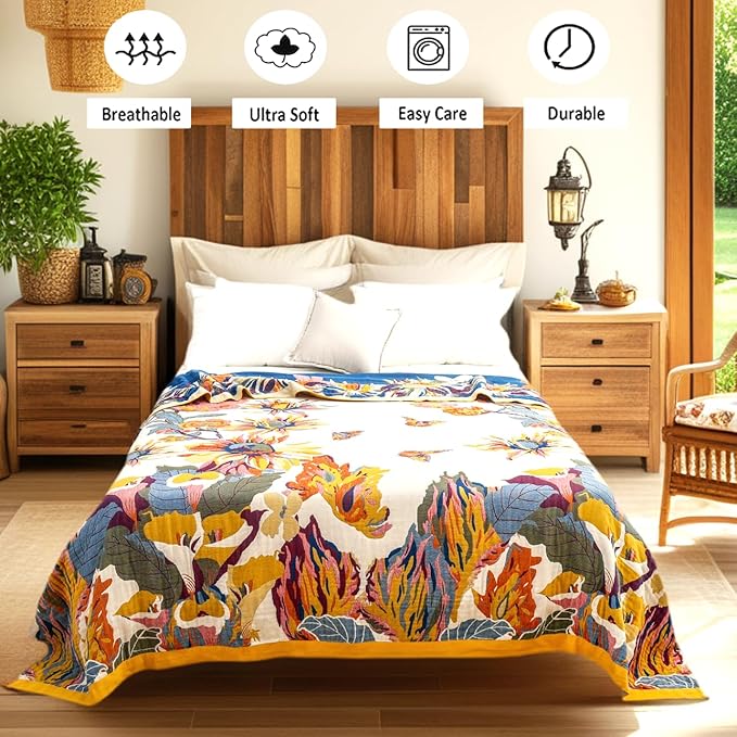 Boho Throw Blanket, 100% Organic Cotton Breathable Ultra Soft Bed Cover 50" x 60" Throw - All Season Rustic Floral Farmhouse Decor Blanket for Sofa Couch Chair and Gift-Beige