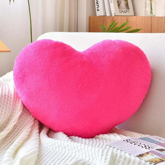 Hot Pink Heart Pillows, Cute Heart Decorative Pillow, Heart Shaped Throw Pillows for Bed, Faux Rabbit Fur Plush Hoom Decor Pillow Cushion for Chair Sofa Living Room (Large-19.6"x15.7")