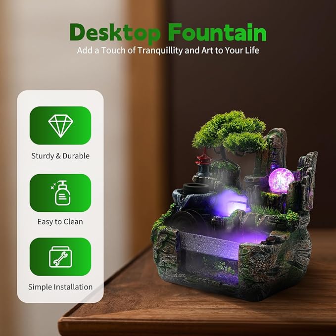 Tabletop Water fountainRockery Tabletop Fountain Indoor Waterfall with an Atomizer Elaxation Water Feature Meditation with LED Light for Desktop Home Office Decor