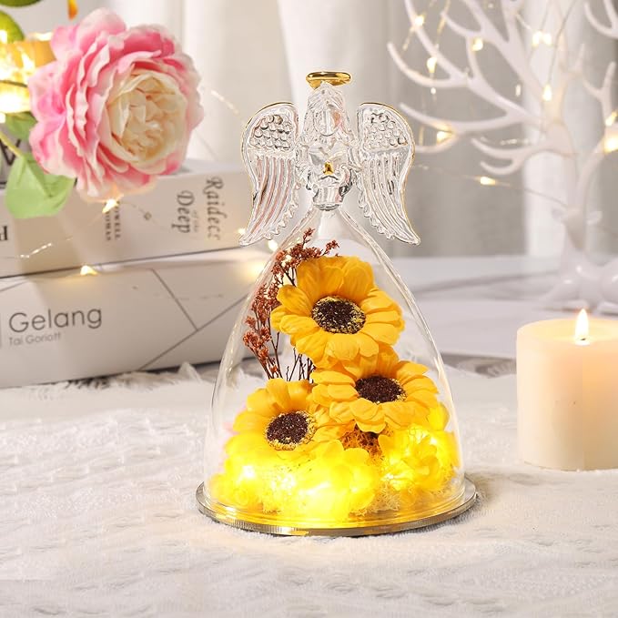 Christmas Sunflower Gifts for Women,Sunflowers Gifts for Mom Angels Figurines Sunflower Bouquet with Necklace, Light Up Sunflowers in Glass,Xmas Birthday Gifts for Her Mom Wife Girlfriend Sister