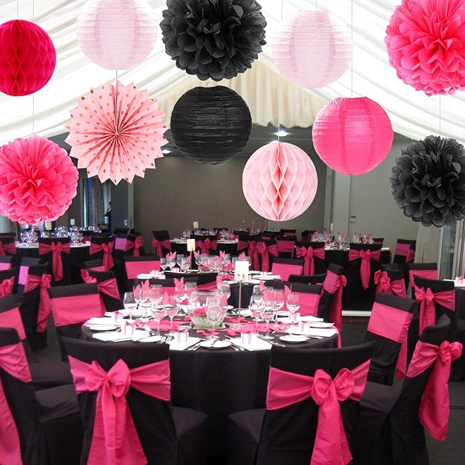 Hot-Pink Black Birthday Party-Decorations Streamers Lanterns - 14pcs Baby Girl Paper Honeycomb Fan,Tissue Pom Poms, Graduation Engagement Bachelorette Backdrop Decor Ouruola