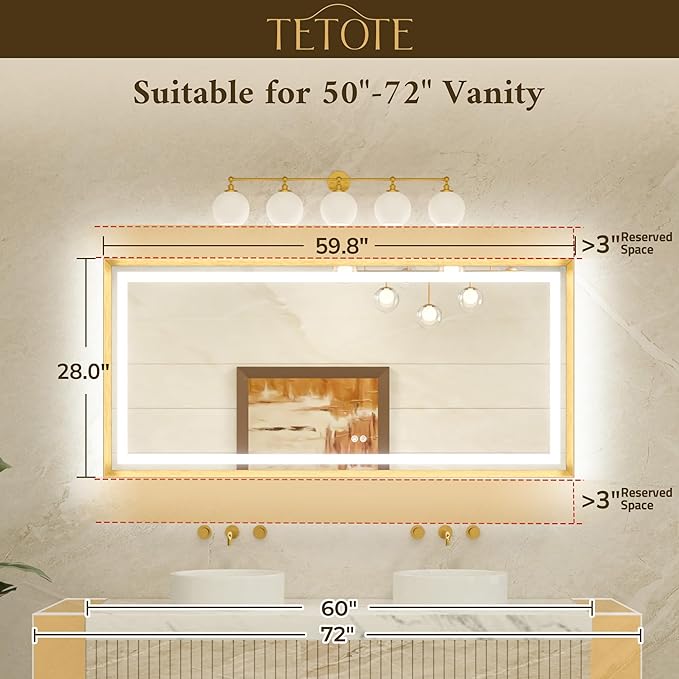 TETOTE 60 x 28 Large Bathroom Mirror Brushed Bright Nickel Metal Frame Frontlit & Backlit Vanity Mirror 3 Colors White/Warm/Natural Stepless Dimmable Anti-Fog Bathroom Mirrors for Vanity Wall-Mounted