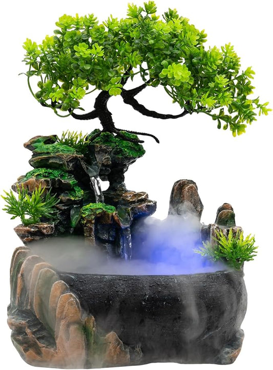 Indoor Fountain Rockery Tabletop Fountain with an Atomizer Elaxation Water Feature Meditation Desktop Fountains for Home Office Decor or Gift 6.7''L x 5.9''W x 7''H with LED Light