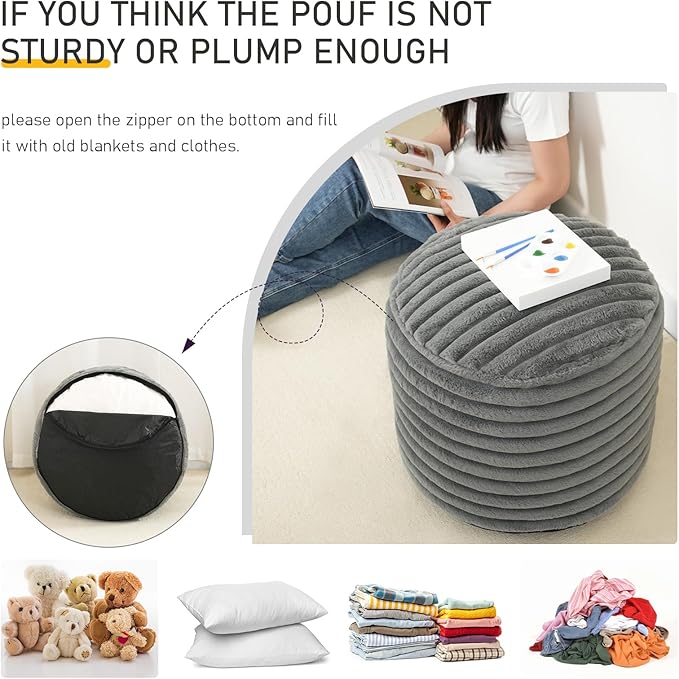 Pouf Ottoman Stuffed Round for Foot Rest, Faux Fur Poufs with Foam Chunk Filling, Storage Ottoman Pouf Foot Stool Cushion, 20 X 15 Inch Floor Chair for Living Room Bedroom Home Decor, Light Gray