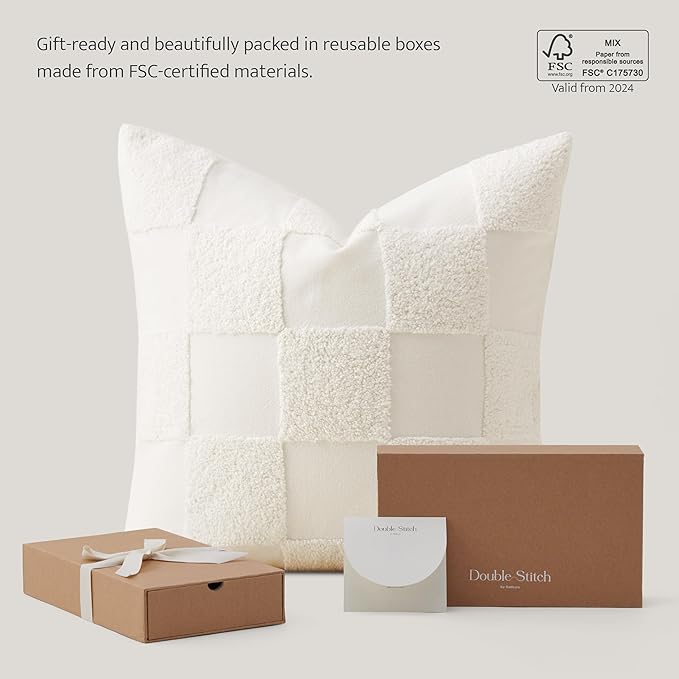 Double Stitch Checkered Throw Pillow Covers - 100% Cotton Set of 2 Tufted Boho Decorative Pillow Covers 18x18, Made in India, Square Cushion Case, Modern Home Decor for Couch, Sofa, Living Room, Cream