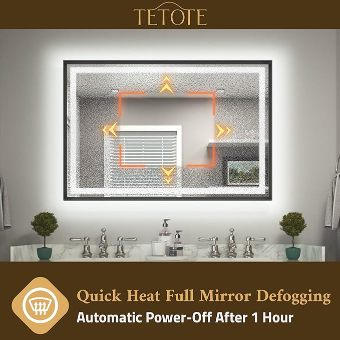 TETOTE 48 x 24 Bathroom LED Mirror Brushed Black Metal Frame Frontlit & Backlit Vanity Mirror Stepless Dimmable Anti-Fog 3 Colors White/Warm/Natural Light up Vanity Mirror Wall-Mounted
