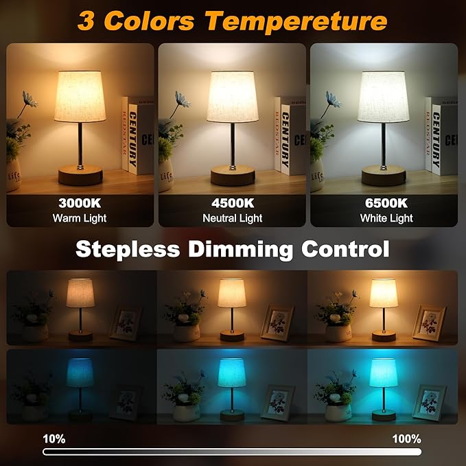 Ascher Small Bedside Table lamp Set of 2, RGB Color Changing Lamps, 3 Color Temperatures, Stepless Dimmable, Nightstand Lamp with USB C+A Ports for Bedroom Living Room, (Flaxen Shade, Wood Grain Base)