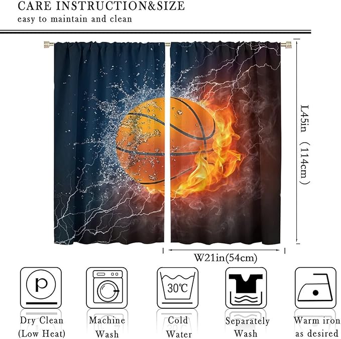 JESTRONRY Boys Basketball Curtains,Kids Sports Theme Fire Ball Water Flame Splashing Room Darkening Door Window Rod Pocket Curtain for Living Room Teen Men Bedroom Decor W42xL45in