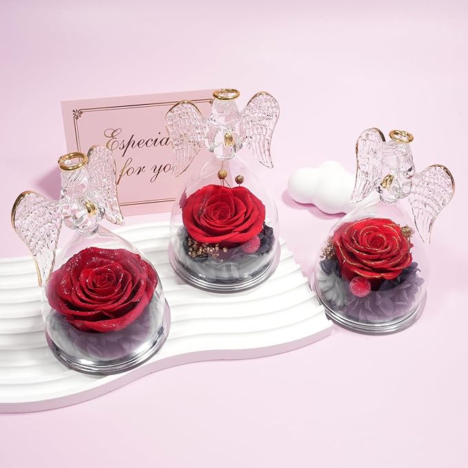 Yamonic Christmas Birthday Gifts for Mom, Angel Figurines with Real Rose Gifts for Her Mom Grandma, Preserved Rose in Glass Angel Figurines for Mothers Day Valentine's Day Gifts for Women (Red Sky)