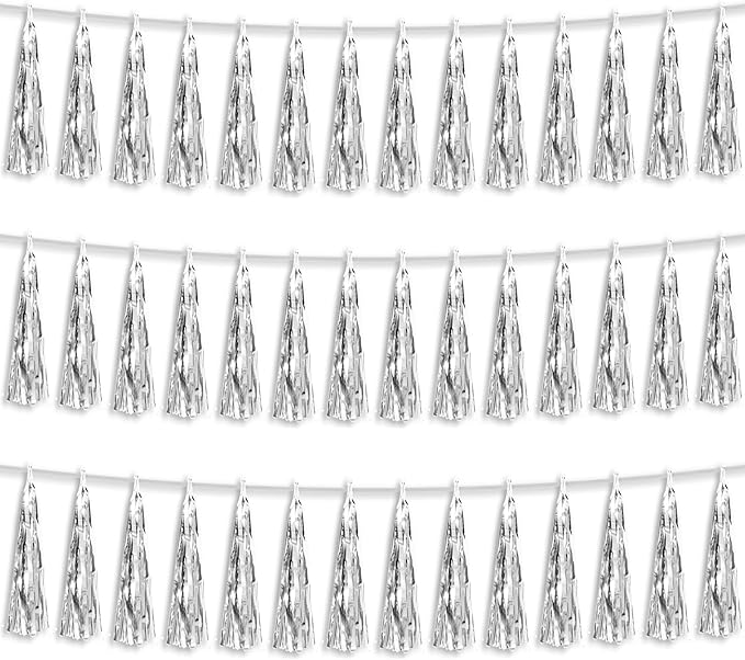 3P Silver Foil Fringe Metallic Tassel Streamers Banner Tassel Garland for Parade Floats, Bachelorette, Wedding, Birthday, Halloween, Christmas, Bridal/Baby Shower Party Decorations