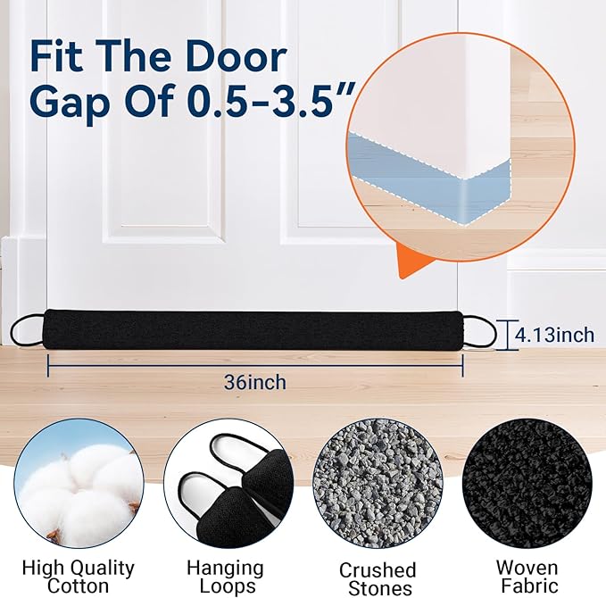 Door Draft Stopper for Bottom of Door, 36’’ Heavy Duty Under Door Draft Blocker Gap Filler, Door Seal for Noise Light Cold Air, with Adhesive Strips, Black