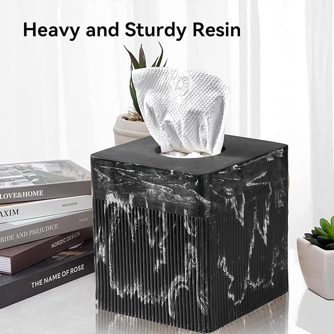 Tissue Box Cover Square Resin Tissue Holder for Home Decor, Hand Poured Marble Tissue Box Holder, 5 x 5 x 5.5 inches, Black