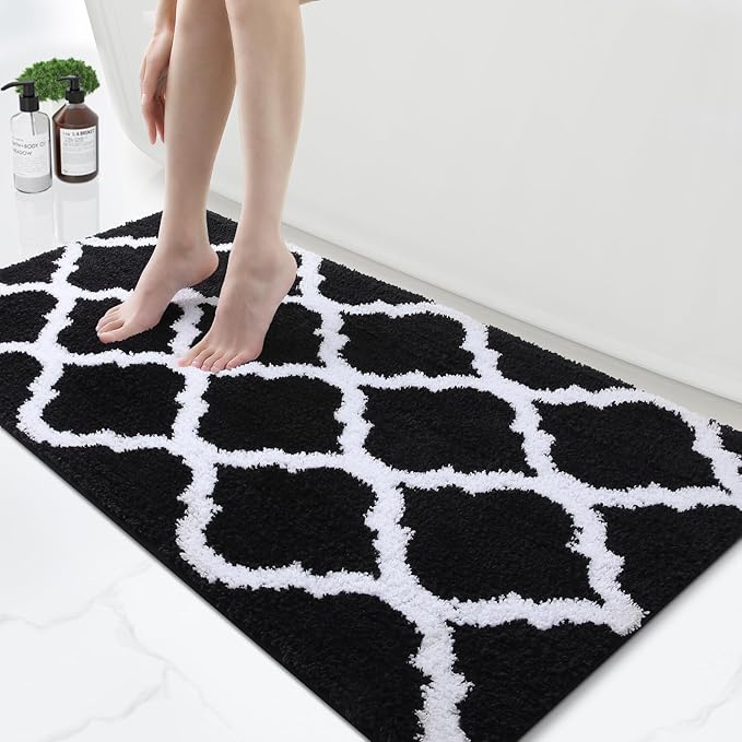 OLANLY Bathroom Rugs 47x24, Soft and Absorbent Microfiber Bath Rugs, Non-Slip Shaggy Shower Carpet, Machine Wash Dry, Bath Mats for Bathroom Floor, Tub and Shower, Black
