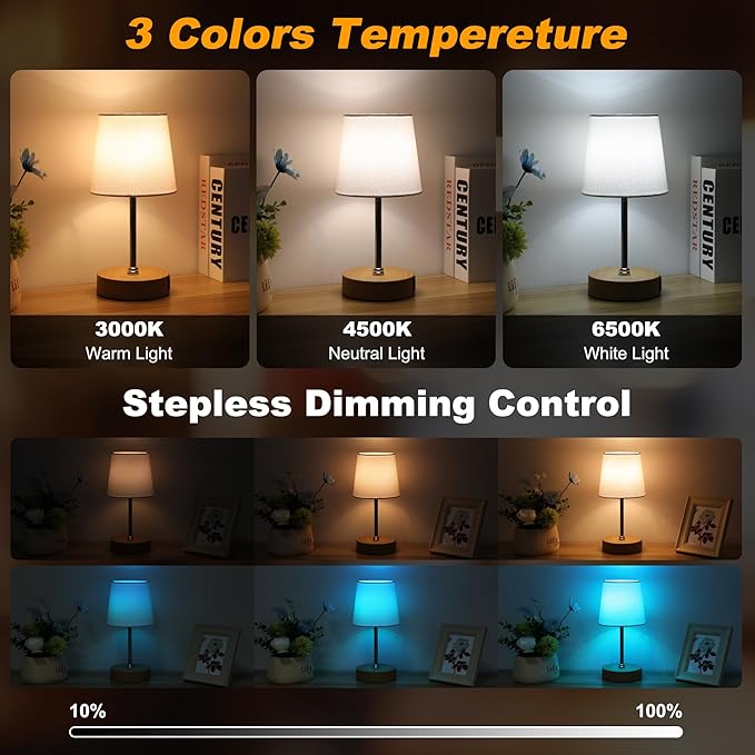 Ascher Small Bedside Table lamp Set of 2, RGB Color Changing Lamps, 3 Color Temperatures, Stepless Dimmable, Nightstand Lamp with USB C+A Ports for Bedroom Living Room, (White Shade, Wood Grain Base)
