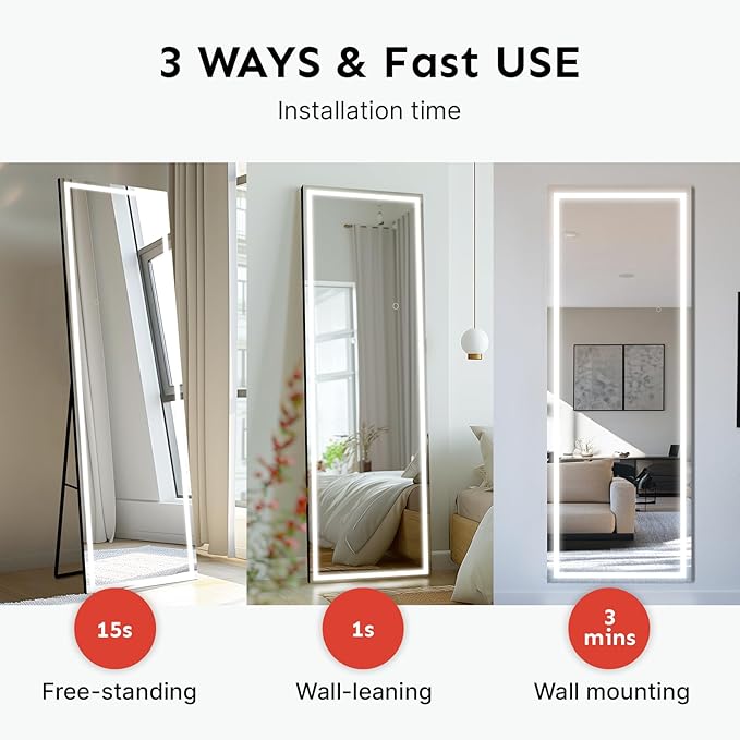 Kosmonia 71x28 Frameless Full Length Mirror, Dimmable 3 Color LED Light w/Memory Function, Distortion Free, HD Reflection & Anti Desilvering, Tempered Glass & Shatter Proof Film Doubling Safety