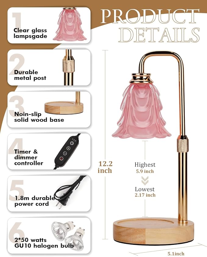 Small Candle Warmer Lamp with Timer, Adjustable Pink Flower Candle Heat Lamp, Unique Women's Gifts for Birthday, Dimmable Candles Heater, Christmas Gifts, Fashion Wax Warming Light with Wood Base