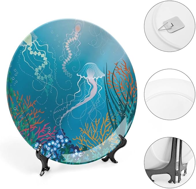 Ceramic Plates, Aquarium Decorative Ceramic Plates, Artistic Jellyfishes Swimming Under The Sea Coral, 8 Inch, for Dining, Parties, Wedding, Blue Pink Orang