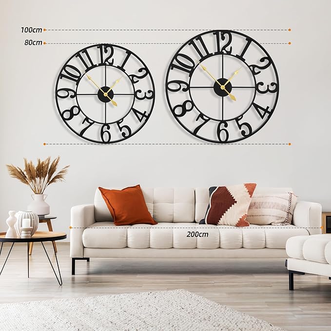 Large Wall Clocks for Living Room Decor, 32 Inch Round Black Metal Silent Non Ticking Battery Operated Jumbo Numerals Modern Vintage Decorative Clock Wall for Bedroom,Kitchen,Office,Farmhouse