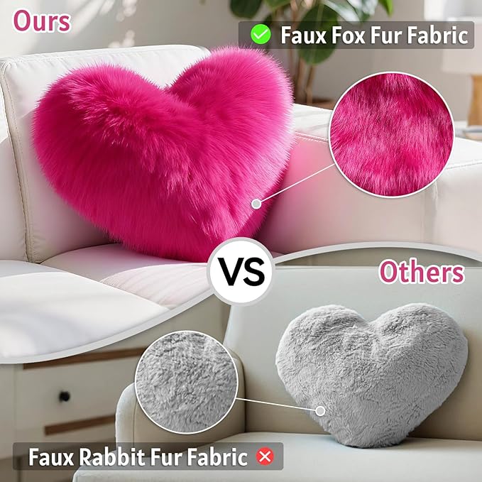 Hot Pink Heart Pillow, Faux Fox Fur Heart Decorative Pillows, Heart Shaped Throw Pillow for Bed, Soft Fluffy Decorative Cushion for Chair Sofa Living Room - Plush Pillow Home Decor