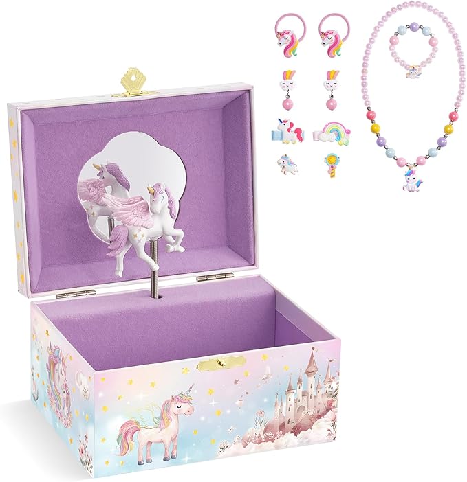 Lolalet Unicorn Music Jewelry Box for Girls, Kids Musical Jewelry Boxes with Spinning Unicorn Doll, Cute Children's Jewelry Storage Organizer Gift for Little Girls Age 3-8 -Pink (Box with Jewelry)