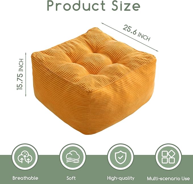 HIGOGOGO Square Stuffed Pouf Ottoman, Corduroy Poufs with Foam Chunk Filling, Furry and Fluffy Pouf Foot Stool Storage Ottoman, 25.6 X 25.6 Floor Poufs Foot Rest for Living Room, Orange
