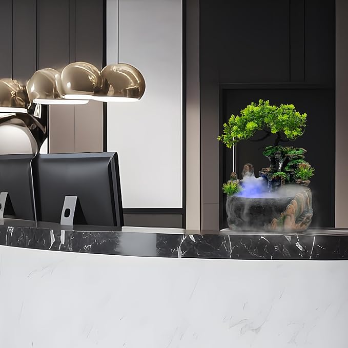 Indoor Fountain Rockery Tabletop Fountain with an Atomizer Elaxation Water Feature Meditation Desktop Fountains for Home Office Decor or Gift 6.7''L x 5.9''W x 7''H with LED Light