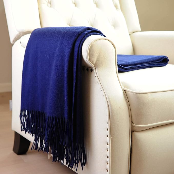 CUDDLE DREAMS Premium Cashmere Throw Blanket with Fringe, Luxuriously Soft (Navy)