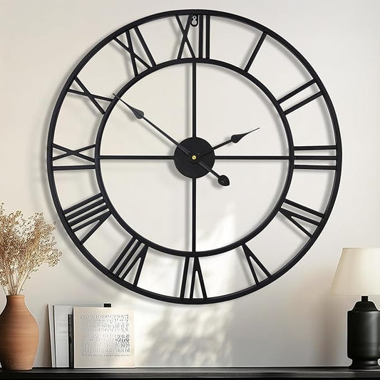 Large Wall Clocks for Living Room Decor, 32 Inch Round Black Metal Silent Non Ticking Battery Operated Jumbo Numerals Modern Vintage Decorative Clock Wall for Bedroom,Kitchen,Office,Farmhouse